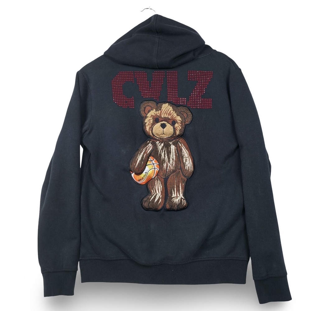 CivilizeD Black Basketball Teddy Bear Rhinestone Zip Hoodie Small Streetwear Y2K - Picture 3 of 12